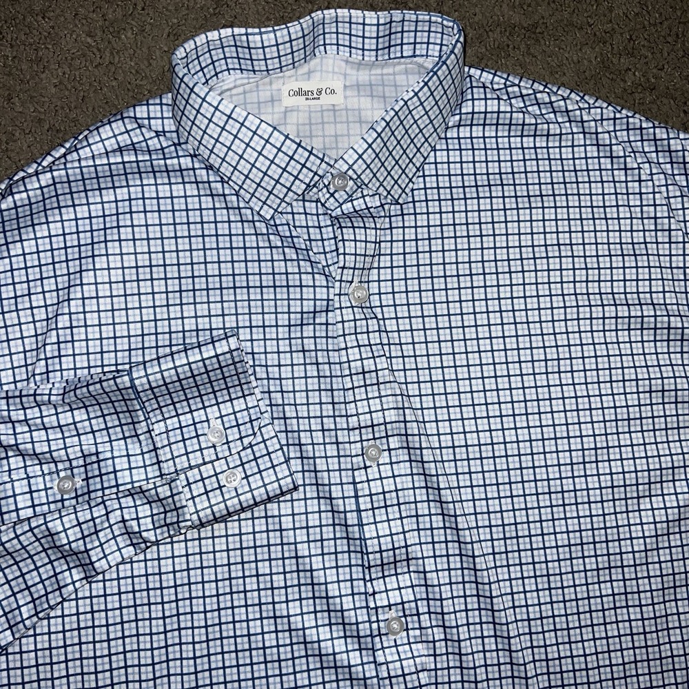Collars & Co. Men's White Blue Window plaid Dress Shirt Long Sleeve Size 2XL